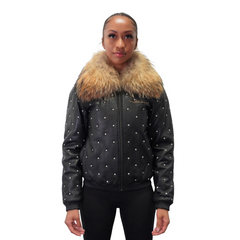 Studded Fur-Collar Women's Leather Jacket